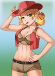 belt blonde_hair bottomwear breasts cleavage clothed clothing ear_piercing female gradient_background green_eyes hair hand_on_hip hat headgear headwear humanoid_pointy_ears lips markings mole_(marking) navel not_furry piercing pink_lips pointy_ears red_clothing red_hat red_headwear shorts simple_background slim slim_figure smile solo razorkun a_link_between_worlds nintendo the_legend_of_zelda rupee_rush_gal elf humanoid hylian hi_res