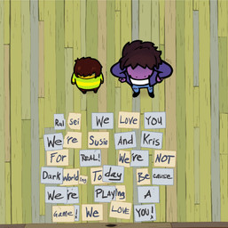 ambiguous_gender anthro biped bird's-eye_view blue_bottomwear blue_clothing blue_jeans blue_pants bottomwear brown_hair clothing denim denim_bottomwear denim_clothing duo female floor hair high-angle_view jeans pants paper purple_body standing text wood wood_floor yellow_body yellow_skin ncs adventure_time cartoon_network deltarune mythology undertale_(series) kris_dreemurr susie_(deltarune) dragon human mammal mythological_creature mythological_scalie scalie 2025 english_text hi_res meme redraw