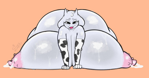 anthro areola big_breasts big_butt bodily_fluids breasts butt cow_print_armwear cow_print_elbow_gloves female huge_breasts huge_butt huge_hips hyper hyper_breasts lactating lying mature_anthro mature_female milk montgomery_glands nipples on_front puffy_areola puffy_nipples solo wide_hips wrinkles leofel_barraund undertale_(series) toriel bovid caprine goat mammal