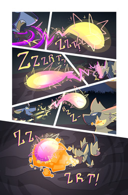 ambiguous_gender amputee black_body black_fur blue_body blue_eyes blue_fur disability duo ear_piercing electricity fangs feral fire fur missing_leg night onomatopoeia open_mouth outside piercing quadruped sky sound_effects teeth text tongue yellow_body yellow_eyes yellow_fur wooled nintendo pokemon pokemon_mystery_dungeon spike_chunsoft generation_3_pokemon generation_4_pokemon luxray manectric pokemon_(species) comic hi_res shaded