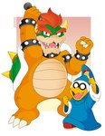 absurd_res anthro bowser claws clothing duo electronics eyewear glasses hair hi_res horn kamek koopa looking_at_viewer magikoopa male mario_bros microphone nicolasgravelqc nintendo open_mouth open_smile red_hair reptile scalie simple_background smile teeth turtle wand