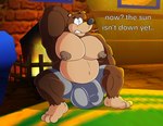 anthro big_bulge big_nipples bulge detailed_bulge genital_outline hand_behind_head huge_bulge male muscular nervous nipples penis_outline sitting sitting_on_ground slightly_chubby solo spread_legs spreading text possbooty banjo-kazooie rareware banjo_(banjo-kazooie) bear mammal absurd_res english_text hi_res