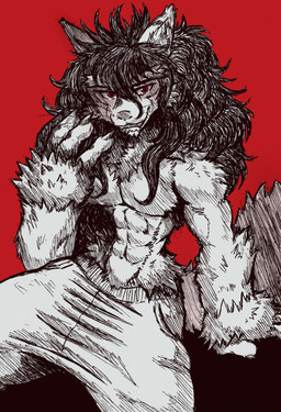 accessory anthro arm_tuft black_body black_fur black_fur_markings black_hair black_nose bottomwear chest_tuft clothed clothing curly_hair dipstick_ears ear_markings elbow_tuft facial_hair facial_tuft fluffy fluffy_tail fur goatee grey_body grey_fur hair hair_accessory ink leg_tuft long_tail male multicolored_body multicolored_ears multicolored_fur neck_tuft oversized_bottomwear oversized_clothing oversized_pants pants red_background red_eyes simple_background solo tail topless topless_male tuft waist_tuft white_body white_fur jwbash roku_(jwbash) lemur mammal primate ring-tailed_lemur strepsirrhine absurd_res hatching_(art) hi_res shaded sketch