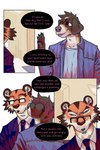 blue_eyes brown_eyes clothing dialogue eye_scar eyewear facial_scar glasses male necktie scar suit text bastriw fernando_(bastriw) martin_(bastriw) canid canine canis domestic_dog felid mammal pantherine tiger 2:3 comic english_text hi_res