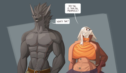 abs anthro bare_chest belly belt big_breasts black_body black_fur black_nose blue_eyes body_hair breasts buckteeth button_(fastener) clothing countershade_torso countershading duo ears_down ears_up eye_contact fangs female fur gloves hair hand_on_hip handwear happy_trail jacket larger_male long_ears long_hair looking_at_another male male/female muscular muscular_male nipples orange_eyes overweight overweight_female pivoted_ears scut_tail short_tail simple_background size_difference slightly_chubby slightly_chubby_female smaller_female smile smiling_at_another smiling_at_partner speech_bubble tail teeth text topwear wide_hips hiverdose last_fables eni_siverets_(last_fables) the_slayer_(last_fables) canid canine canis hare lagomorph leporid mammal wolf digital_media_(artwork) english_text hi_res