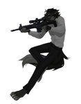 anthro black_body black_bottomwear black_clothing black_fur black_hair black_pants bottomwear clothed clothing fur glistening glistening_eyes grey_body grey_clothing grey_eyes grey_fur grey_topwear gun hair holding_gun holding_object holding_ranged_weapon holding_rifle holding_weapon left-handed male narrowed_eyes pants ranged_weapon rifle simple_background solo three-quarter_view topwear unsigned weapon white_background corzh77 canid mammal absurd_res full-length_portrait hi_res portrait