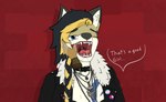 aegishjalmur anthro bisexual_pride_colors black_hair blonde_hair blue_eyes bodily_fluids bra braided_hair brick chain claws clothed clothing collar countershading dialogue disembodied_hand duo eyebrow_piercing facial_piercing female fur fur_collar hair heathen highlights_(coloring) jacket jewelry leather leather_clothing leather_jacket leather_topwear lesbian_pride_colors lgbt_pride mjolnir mostly_offscreen_character mouth_play open_mouth piercing pink_triangle pride_colors pride_pins saliva smile solo tan_body tan_fur tattoo teeth text tongue tongue_piercing topwear transgender_pride_colors underwear white_body white_fur kcdodger fenrir_(mythology) kacey_d. english_text