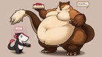 belly big_belly bodily_fluids cake chibi claws dessert duo food huge_belly obese open_mouth open_smile overweight size_difference smile standing tears text gritzoz gritzy_(gritzoz) sergal english_text hi_res