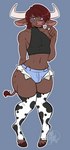 animal_print blue_eyes bottomwear brown_body brown_hair bulge clothed clothing cow_print femboy footwear hair hooves horn hotpants legwear looking_at_viewer male pants shorts socks solo stockings topwear spamjamz european_mythology greek_mythology mythology bovid bovine mammal minotaur hi_res