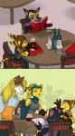 alcohol anthro beverage diner female holding_menu holding_object male menu restaurant service_menu wine zummeng ratchet_and_clank sony_corporation sony_interactive_entertainment angela_cross jcfox ratchet_(ratchet_and_clank) sasha_phyronix canid canine cazar_(ratchet_and_clank) fox lombax mammal comic hi_res