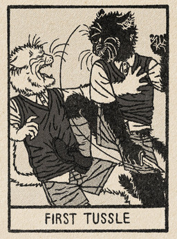 adolescent anthro black_body black_fur bottomwear clothing collared_shirt dotted_background dress_shirt duo fangs fight foot_on_belly footwear fur holding_object holding_weapon knife legwear male monotone_body on_one_leg open_mouth pattern_background school_uniform shirt shoes shorts simple_background snarling socks standing sweater teeth text topwear uniform weapon white_body white_fur young danielpup domestic_cat felid feline felis mammal english_text greyscale monochrome