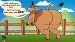 anthro big_butt brown_hair bubble_butt butt dialogue ear_piercing female fence grass green_eyes hair hooves looking_at_viewer open_mouth piercing plant rear_view solo speech_bubble teeth text tongue blu3danny barnyard_(series) nickelodeon bessy_(barnyard) bovid bovine cattle mammal 16:9 2022 english_text hi_res widescreen