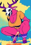 anthro antlers blush bodily_fluids bone bottomless bottomwear breasts butt caught_in_the_act clothed clothing female genital_fluids genitals hooves horn looking_at_viewer open_mouth peeing pussy red_body shirt shorts skull skull_head solo spread_legs spreading topwear urine vinxent american_mythology indigenous_north_american_mythology mythology north_american_mythology wendigo 2025 absurd_res hi_res