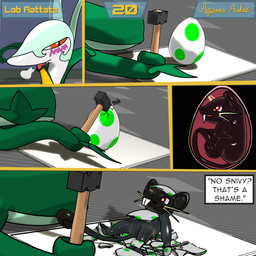 ambiguous_gender blush blush_lines clothing cracking_egg dialogue dialogue_box duo egg feral green_body hammer holding_object latex latex_clothing latex_skinsuit onomatopoeia open_mouth orange_eyes page_number red_eyes skinsuit sound_effects tail text tight_clothing tools tray aquinas_audax nintendo pokemon generation_1_pokemon generation_5_pokemon mammal murid murine pokemon_(species) rat rattata reptile rodent scalie serperior snake 1:1 3d_(artwork) absurd_res blender_(artwork) blender_eevee_(artwork) comic digital_media_(artwork) english_text hi_res signature