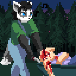anthro black_hair blood blue_eyes bodily_fluids bottomwear clothed clothing corpse dark death duo forest hair male musical_note musical_symbol night outside pants plant shirt symbol topwear tree walking wheelbarrow whistling vodthefur damien_monroe badger mammal mustelid musteline 1:1 animated digital_media_(artwork) low_res pixel_(artwork) pixel_animation