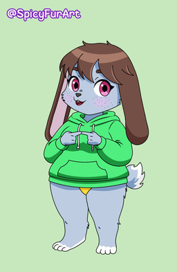 anthro barefoot braces brown_hair camel_toe clothing cotton_tail feet female freckles hair panties pink_eyes simple_background slightly_chubby smile smiling_at_viewer solo sweater text topwear underwear yellow_clothing yellow_panties yellow_underwear young spicyfurart amber_spark lagomorph leporid mammal rabbit artist_name hi_res