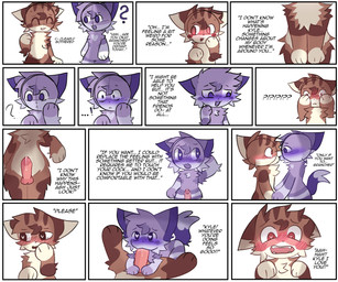 anthro blush blush_lines bodily_fluids brown_body brown_fur cum cum_drip cum_on_penis defloration dialogue dripping duo ejaculation embarrassed femboy first_orgasm fur genital_fluids genitals hand_holding heart_pupils inviting inviting_to_sex kemono male male/male male_defloration male_virgin moan naive oblivious offering_sex oral oral_invitation penis precum precum_drip purple_body purple_fur saliva saliva_drip saliva_on_penis screaming sex stated_virginity text virgin solark1tty brancher_(solark1tty) kyle_(solark1tty) 6:5 absurd_res comic english_text hi_res shaded