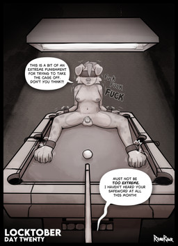 anthro billiard_table billiards chastity_cage chastity_device cock_and_ball_torture dialogue furniture genital_torture gynomorph intersex nipple_piercing nipples piercing restrained restrained_arms restrained_legs restraints safeword solo speech_bubble table text remurawr honey_(remurawr) australian_shepherd canid canine canis domestic_dog herding_dog mammal pastoral_dog sheepdog absurd_res comic english_text hi_res