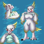 anthro breasts embarrassed feathers female nipples red_eyes simple_background solo white_body yellow_body yellow_feathers justahoot avian bird cockatiel cockatoo parakeet parrot true_parrot 1:1 hi_res