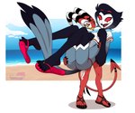 5_toes anthro beach carrying_another clothing dangling_flip_flop duo feet flip_flops footwear humanoid_feet loose_footwear male male/male plantigrade sandals shoe_dangle shoes size_difference toes foot_ninja15 helluva_boss blitzo_(helluva_boss) stolas_(helluva_boss) avian bird demon imp owl digital_drawing_(artwork) digital_media_(artwork) hi_res