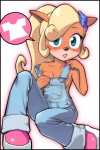 2:3 activision anthro bandicoot blonde_hair blush breasts cleavage clothed clothing coco_bandicoot crash_bandicoot_(series) female flower footwear hair lips mammal marsupial overalls overalls_only pey pictographics plant ponytail shirtless shoes smile sneakers solo teasing undressing