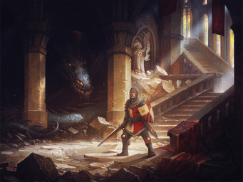 ambiguous_gender armor banner beard belt black_body black_scales chainmail column detailed_background duo facial_hair feral grey_beard grey_facial_hair holding_melee_weapon holding_object holding_shield holding_sword holding_weapon horn male melee_weapon pauldron ruins scabbard scales sculpture sharp_teeth shield stairs standing statue sword tail teeth weapon window justin_gerard mythology dragon human mammal mythological_creature mythological_scalie scalie 2019 4:3 absurd_res hi_res
