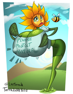 big_breasts black_body black_eyebrows blonde_hair blue_clothing blue_shirt blue_sky blue_topwear bodily_fluids bottomwear breasts cartoon_freckles cleavage clothed clothing cloud eyebrows eyelashes flower flying freckled_breasts freckles grass green_body green_bottomwear green_clothing green_eyes green_skirt hair huge_breasts insect_wings leaf leaf_arms lips lipstick long_eyelashes makeup motion_lines mountain multicolored_body nipple_outline orange_face outside petal_hair petals plant pleading_eyes pupils red_lips red_lipstick shirt skirt sky stinger tears text text_on_clothing topwear two_tone_body wings yellow_body torradinhafeliz conker's_bad_fur_day rareware miss_sunflower arthropod bee elemental_creature flora_fauna flower_creature hymenopteran insect sunflower_creature absurd_res artist_name hi_res signature watermark