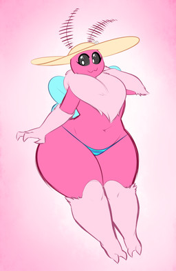 :3 antennae_(anatomy) anthro black_sclera claws clothed clothing female finger_claws flat_chested fur gradient_background hat headgear headwear huge_hips insect_wings navel panties pink_body pink_fur simple_background solo sun_hat thick_thighs toe_claws topless underwear white_eyes wide_hips wings averyshadydolphin arthropod insect lepidopteran moth 2018 character_request colored digital_drawing_(artwork) digital_media_(artwork) hi_res unavailable_at_source