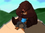 bear brother_bear brown_bear canid canine disney duo embrace feral fox grizzly_bear hug jaxx_(mrfurry) male mammal mrfurry_(artist) obese overweight size_difference tug_(brother_bear) ursine