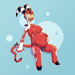 anthro belly big_belly big_breasts blue_background bodily_fluids breast_growth breasts crossgender fur growth hand_on_belly intersex lactating leaking_milk leaning leaning_backward looking_at_self looking_down male male_lactation mti_crossgender multicolored_body multicolored_fur navel outie_navel pregnant pregnant_anthro pregnant_male red_eyes simple_background solo spade_tail tail yellow_sclera helluvabutt hellaverse helluva_boss blitzo_(helluva_boss) demon imp 1:1 2024 digital_drawing_(artwork) digital_media_(artwork)
