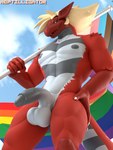 anthro balls flag flag_(object) genitals holding_flag holding_object lgbt_pride looking_at_viewer male muscular nipples nude penis pride_color_flag pride_colors progress_pride_colors rainbow_pride_colors red_body smile solo tail reptilligator mythology ram_(reptilligator) dinosaur dragon dromaeosaurid hybrid mythological_creature mythological_scalie prehistoric_species reptile scalie theropod 3:4 3d_(artwork) blender_(artwork) digital_media_(artwork) hi_res