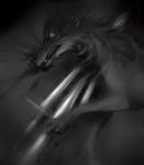 2016 absurd_res blood bodily_fluids canid canine canis digital_media_(artwork) feral fur greyscale hauringu hi_res impalement longsword looking_at_viewer mammal melee_weapon monochrome shaded solo sword weapon wolf