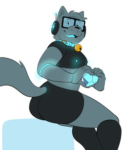 anthro bell bell_collar butt collar eyewear glasses glowing glowing_markings heart_symbol looking_at_viewer machine male markings sitting solo translucent translucent_body animalboyfriend catbot_(animalboyfriend) android domestic_cat felid feline felis mammal robot robot_anthro 2025 absurd_res hi_res