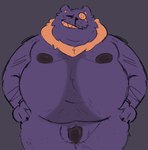 anthro balls belly big_belly genitals male moobs navel nipples overweight overweight_male penis purple_body simple_background solo smut_leo deltarune undertale_(series) seam_(deltarune) felid mammal 2023 hi_res