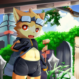 backpack clothed clothing cute_fangs fangs looking_at_viewer male navel open_mouth red_eyes solo teeth young rann canid canine mammal 1:1 2016 hi_res