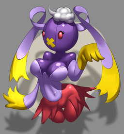 alternate_species big_breasts breasts cleavage clothed clothed_female clothing curvy_figure female genitals hourglass_figure humanoidized navel pokemorph purple_body purple_skin red_body red_eyes red_skin simple_background small_waist solo standing thigh_gap vulva wide_hipped_female wide_hipped_humanoid wide_hips yellow_body yellow_skin elpatrixf nintendo pokemon drifblim generation_4_pokemon ghost humanoid pokemon_(species) spirit 2014 digital_media_(artwork) hi_res
