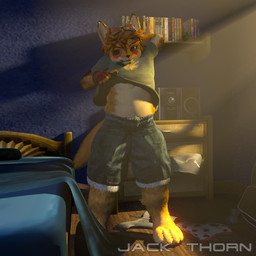 3d_background 5_fingers adolescent anthro bed bedroom blush book bookshelf bottomwear clothed clothing clothing_lift denim denim_bottomwear denim_clothing denim_shorts eyewear fingerless_gloves fingers furniture glasses gloves hand_behind_head handwear light male no_shoes overweight shirt shirt_lift shorts smile solo sunlight topwear underwear young young_anthro young_male jackthorn jackal_pawpad canid canine canis jackal mammal 1:1 3d_(artwork) digital_media_(artwork) mixed_media