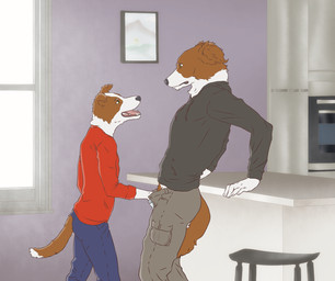 5_fingers anthro appliance ballbusting bottomwear brown_body brown_fur cargo_pants clothed clothing clothing_cord cock_and_ball_torture countertop day drawstring drawstring_topwear duo eye_contact fingers fully_clothed fur furgonomics furniture genital_torture grope hoodie inside kitchen kitchen_appliance looking_at_another male open_bottomwear open_clothing open_mouth open_pants oven pain pants side_view size_difference smile standing stool sweater tail tail_clothing tongue topwear white_body white_fur window young young_anthro young_male 9x9 border_collie canid canine canis collie domestic_dog herding_dog mammal pastoral_dog sheepdog brother_(lore) brothers_(lore) incest_(lore) sibling_(lore)