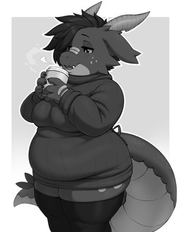 absolute_territory anthro belly big_belly big_breasts breasts clothed clothed_anthro clothed_female clothing coffee_cup container cup female fully_clothed fully_clothed_anthro fully_clothed_female holding_container holding_cup holding_object horn huge_thighs legwear non-mammal_breasts overweight overweight_anthro overweight_female shortstack shortstack_female solo stockings sweater tail thick_tail thick_thighs thigh_highs topwear turtleneck iriedono kobold scalie hi_res monochrome