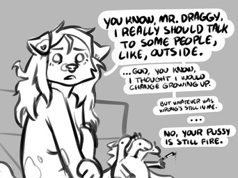 3_heads after_sex after_sex_smoking anthro bed bodily_fluids breasts cigarette cum cum_on_body dialogue ear_markings facial_piercing female furniture genital_fluids hair hand_puppet heart_(marking) heart_symbol markings messy_hair multi_head nose_piercing nose_ring piercing plushie ring_piercing smoking solo speech_bubble text coraldog mythology coral_(coraldog) canid canine canis domestic_dog dragon mammal mythological_creature mythological_scalie scalie english_text hi_res monochrome