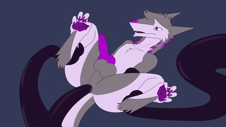anal anal_fluids anal_penetration animal_genitalia animal_penis anthro balls bodily_fluids butt cum cum_in_ass cum_inflation cum_inside erection fur genital_fluids genitals grey_body grey_fur hair hanging_by_feet inflation knot male male_penetrated markings nude open_mouth orgasm penetration penis purple_eyes purple_markings sex simple_background smile solo tail tentacles white_body white_fur polt.avi eather sergal 16:9 2023 animated digital_media_(artwork) hi_res no_sound short_playtime video widescreen