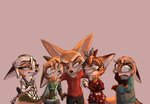 2020 anthro brown_eyes canid canine clothed clothing disney fan_character female fennec_fox finnick_(zootopia) fox fully_clothed fur green_eyes grin group male mammal open_mouth red_fox shirt simple_background smile tan_body tan_fur topwear true_fox xx-junglebeatz-xx young young_anthro zootopia