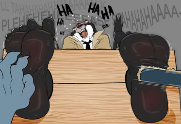 5_toes accessory anthro black_body black_fur black_necktie bodily_fluids brush claws clothing crying_laughing duo elderly_anthro elderly_male eyebrows feet foot_fetish foot_focus fur humanoid_feet laugh male motion_lines multicolored_body multicolored_fur necktie pink_nose plantigrade restrained restraints soles solo_focus stocks tail tan_clothing tan_topwear tears teeth toe_claws toe_restraints toes tongue topwear two_tone_body two_tone_fur whiskers white_body white_fur darqlugia domestic_cat felid feline felis mammal hi_res