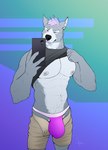 anthro areola belly_tuft big_bulge biped blue_eyes bulge cellphone clothed clothed_anthro clothed_male clothing clothing_lift electronics fingers front_view fur grey_body grey_fur hair holding_cellphone holding_object holding_phone holding_smartphone humanoid_hands jockstrap male muscular muscular_anthro muscular_male nipples onomatopoeia phone pink_clothing pink_hair pink_jockstrap pink_underwear pose seductive selfie shirt shirt_lift short_hair simple_background skimpy smartphone solo sound_effects standing text topwear tuft underwear unzipped unzipped_pants zipper fullbodywolf canid canine canis mammal wolf 2023 artist_name hi_res portrait signature three-quarter_portrait