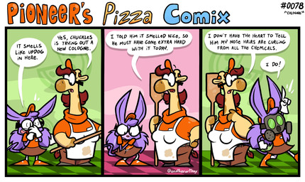 anthro apron brown_spots chef clothed clothed_anthro clothed_female clothing dialogue duo eyewear female fully_clothed fully_clothed_anthro fully_clothed_female fur gas_mask gas_mask_face gas_mask_filter glasses gloves hair handwear mad_scientist manager mask multicolored_body pizza_paddle purple_body purple_fur purple_hair speech_bubble spots text twintails_(hairstyle) wearing_glasses white_clothing white_gloves white_handwear work_uniform yellow_body anotherartboy pioneer's_pizza gustava_collolungo lizzy_rattington american_opossum giraffe giraffid mammal marsupial virginia_opossum 2026 colored comic english_text hi_res