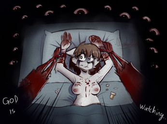 anthro blood bodily_fluids corpse drugs duo eyeball female female_focus forced gore horror_(theme) looking_at_viewer pills rotting scary self-harm solo_focus ccruelangel canid canine canis mammal monster wolf hi_res