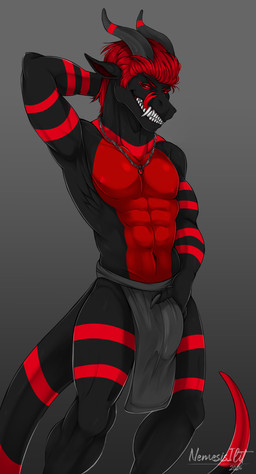 abs anthro bedroom_eyes biceps black_body bottomwear bulge bulge_grab claws clothing detailed_bulge eye_markings eyebrows fangs finger_claws fingers gem genital_outline grin grinning_at_viewer hair hand_behind_head horn horn_markings humanoid_hands jewelry licking licking_lips loincloth looking_at_viewer male markings muscular muscular_anthro muscular_male narrowed_eyes navel necklace pendant penis_outline pose presenting_bulge red_body red_eyes red_hair red_markings ring_(marking) seductive simple_background smile smiling_at_viewer solo standing teasing teasing_viewer teeth tongue tongue_out nemesisilit nakora_inferis_(character) lizard lizardman reptile scalie absurd_res hi_res