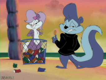 4_fingers accessory anthro biped black_clothing black_jacket black_nose black_topwear bottomless bottomless_anthro bottomless_male bow_ribbon breasts closed_smile clothed clothing duo eyelashes featureless_breasts featureless_crotch female female_anthro fingers fluffy fluffy_tail hair_accessory hair_bow hair_ribbon jacket leather leather_clothing leather_jacket leather_topwear looking_at_another looking_at_viewer looking_back looking_back_at_viewer male male/female male_anthro markings mouth_closed nude nude_anthro nude_female on_model pink_nose plantigrade pupils ribbons skunk_tail smile snout striped_markings striped_tail stripes tail tail_markings text toony topwear trash_can vhs_filter unbakable tiny_toon_adventures warner_brothers fifi_la_fume johnny_pew mammal mephitid skunk striped_skunk 2025 4:3 absurd_res artist_name hi_res watermark