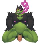2023 anthro balls barazoku black_body body_hair canid canine digital_media_(artwork) flaccid front_view full-length_portrait fur generation_9_pokemon genitals green_body grin hairy_balls half-closed_eyes hand_on_leg hand_on_thigh hi_res humanoid_genitalia humanoid_penis kneeling legendary_pokemon looking_at_viewer male mammal mr_sharky multicolored_body multicolored_fur musclegut muscular muscular_anthro muscular_male narrowed_eyes nintendo nipples okidogi pecs penis pinup pokemon pokemon_(species) portrait pose presenting presenting_penis pubes simple_background slightly_chubby smile solo spread_legs spreading suggestive toxic_chain vein veiny_penis white_background