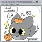 :3 anthro bar_emanata big_eyes black_body blush closed_smile dialogue emanata exclamation_point grey_body group heart_symbol holidays jack-o'-lantern limbless mouth_closed multicolored_body on_tail pumpkin_hat pupils simple_background smile solo_focus speech_bubble spider_web tail text three-quarter_view two_tone_body white_background yellow_sclera geomecs halloween joy_(geomecs) domestic_cat felid feline felis ghost mammal slime_(blob) spirit 1:1 digital_media_(artwork) english_text full-length_portrait hi_res pixel_(artwork) portrait